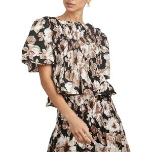 Rails Floral Smocked Puff Sleeve Top | Rosie Sephia Rose | Black Brown Small